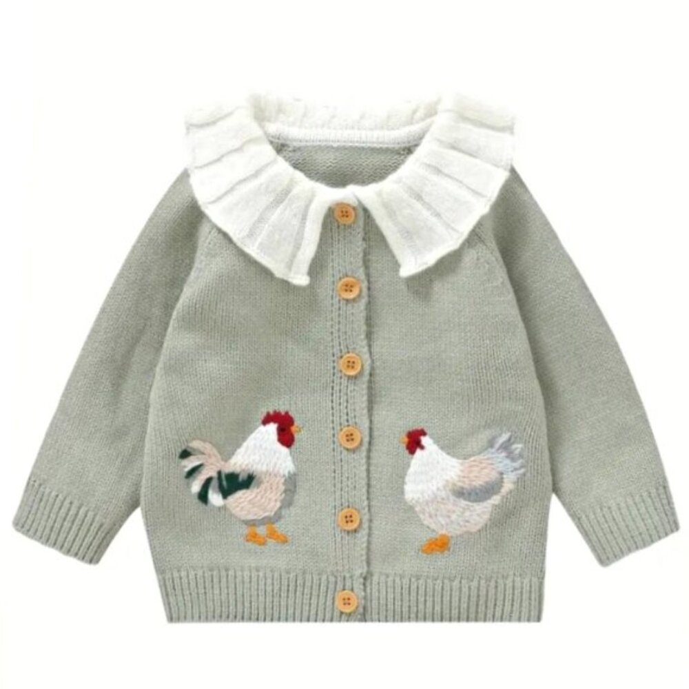 NEW Baby Chicken Embroidered Cardigan Size 6-9 M, 9-12 M, 12-18M